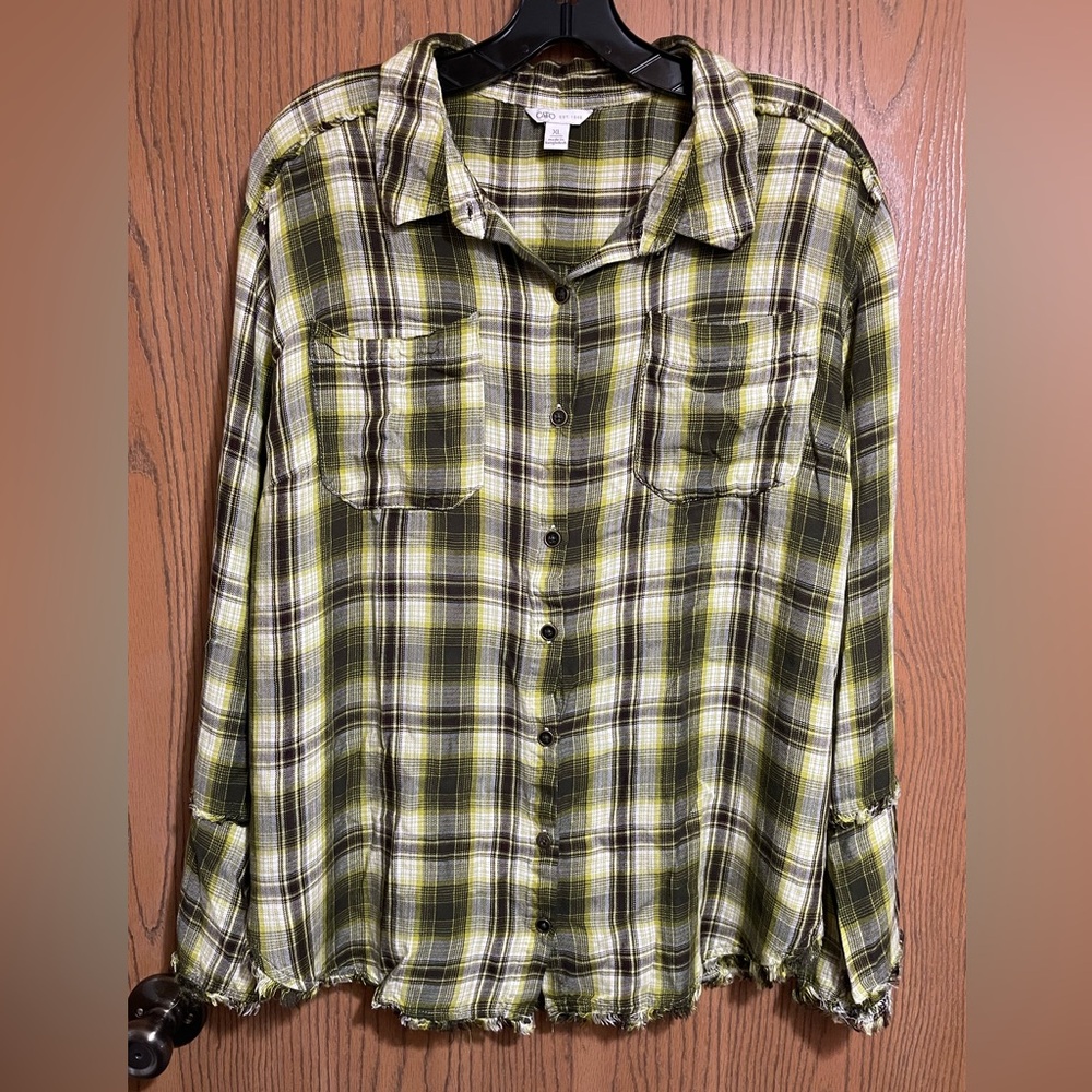 EUC Cato Black, Green and Cream Plaid Button-Down Shirt
